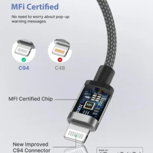This is a durable and fast charging USB C to Lightning cable compatible with various iPhone models including iPhone 14, 13, 12, and 11 series, as well as iPads.