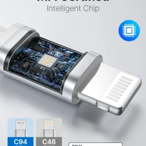 A 2M Aioneus iPhone Charger Cable with USB C to Lightning connectors, designed for fast charging of compatible iPhones and iPads, ensuring a reliable and durable connection for both power and data transfer.