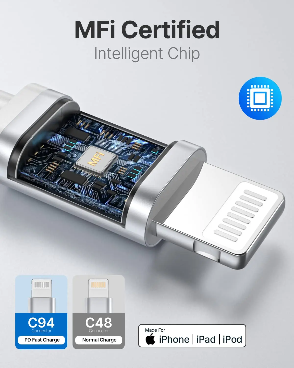 A 2M Aioneus iPhone Charger Cable with USB C to Lightning connectors, designed for fast charging of compatible iPhones and iPads, ensuring a reliable and durable connection for both power and data transfer.