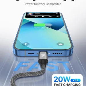 This is a durable and fast charging USB C to Lightning cable compatible with various iPhone models including iPhone 14, 13, 12, and 11 series, as well as iPads.