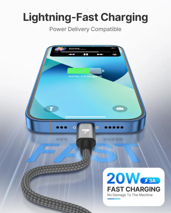 This is a durable and fast charging USB C to Lightning cable compatible with various iPhone models including iPhone 14, 13, 12, and 11 series, as well as iPads.