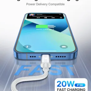 A 2M Aioneus iPhone Charger Cable with USB C to Lightning connectors, designed for fast charging of compatible iPhones and iPads, ensuring a reliable and durable connection for both power and data transfer.