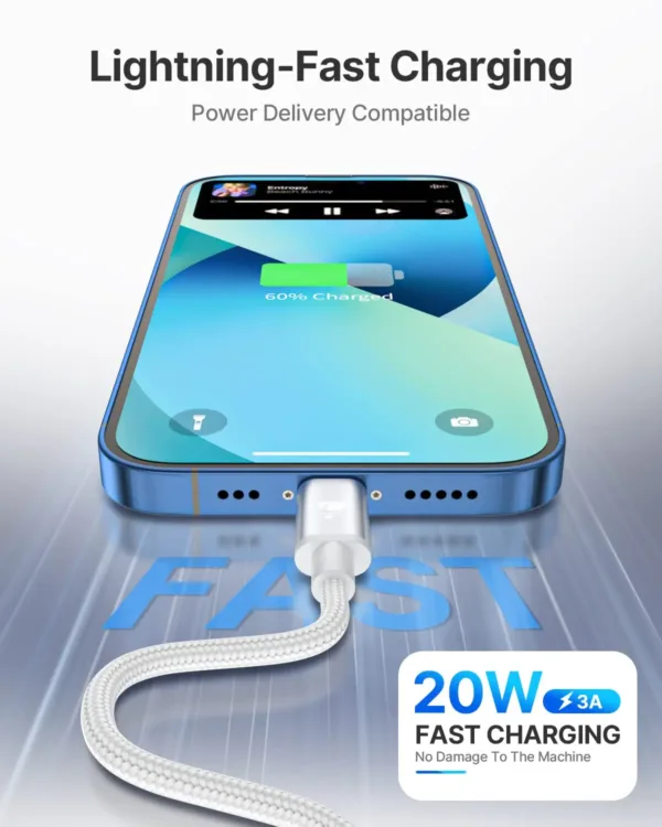 A 2M Aioneus iPhone Charger Cable with USB C to Lightning connectors, designed for fast charging of compatible iPhones and iPads, ensuring a reliable and durable connection for both power and data transfer.
