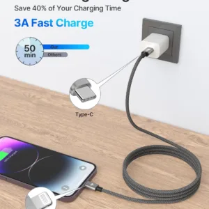 This is a durable and fast charging USB C to Lightning cable compatible with various iPhone models including iPhone 14, 13, 12, and 11 series, as well as iPads.