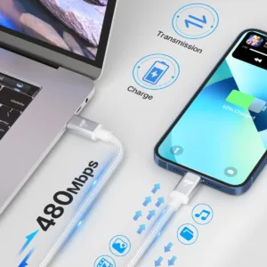 A 2M Aioneus iPhone Charger Cable with USB C to Lightning connectors, designed for fast charging of compatible iPhones and iPads, ensuring a reliable and durable connection for both power and data transfer.