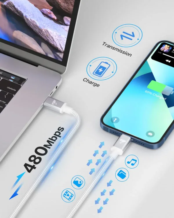 A 2M Aioneus iPhone Charger Cable with USB C to Lightning connectors, designed for fast charging of compatible iPhones and iPads, ensuring a reliable and durable connection for both power and data transfer.