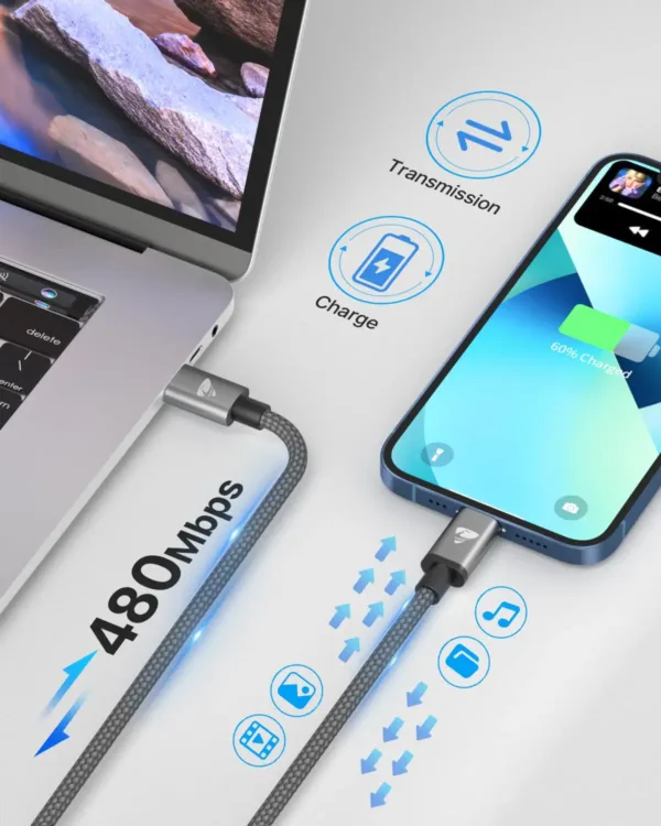This is a durable and fast charging USB C to Lightning cable compatible with various iPhone models including iPhone 14, 13, 12, and 11 series, as well as iPads.
