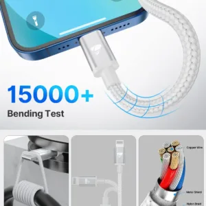 A 2M Aioneus iPhone Charger Cable with USB C to Lightning connectors, designed for fast charging of compatible iPhones and iPads, ensuring a reliable and durable connection for both power and data transfer.