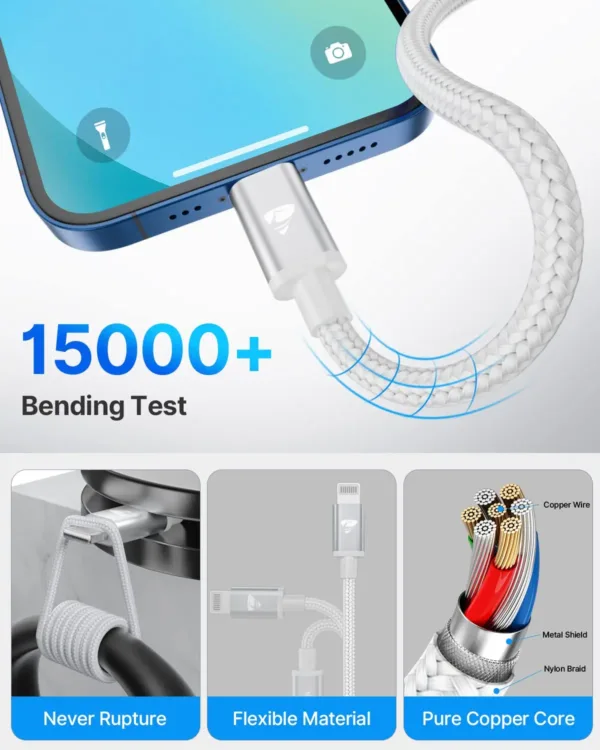 A 2M Aioneus iPhone Charger Cable with USB C to Lightning connectors, designed for fast charging of compatible iPhones and iPads, ensuring a reliable and durable connection for both power and data transfer.