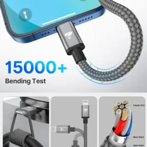 This is a durable and fast charging USB C to Lightning cable compatible with various iPhone models including iPhone 14, 13, 12, and 11 series, as well as iPads.