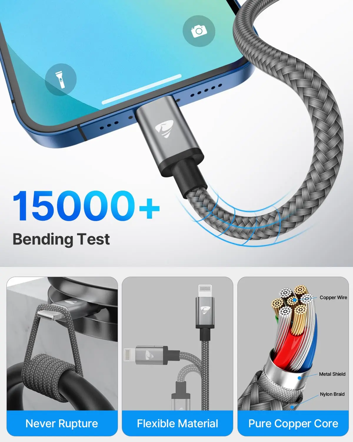 This is a durable and fast charging USB C to Lightning cable compatible with various iPhone models including iPhone 14, 13, 12, and 11 series, as well as iPads.