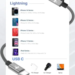 This is a durable and fast charging USB C to Lightning cable compatible with various iPhone models including iPhone 14, 13, 12, and 11 series, as well as iPads.