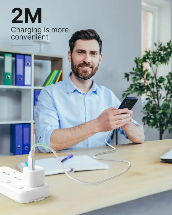 A 2M Aioneus iPhone Charger Cable with USB C to Lightning connectors, designed for fast charging of compatible iPhones and iPads, ensuring a reliable and durable connection for both power and data transfer.
