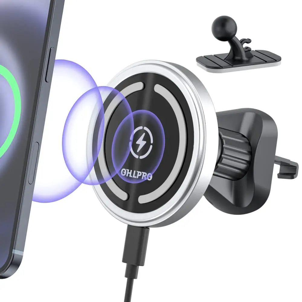 This is a magnetic wireless car charger mount for iPhone 16, 15, 14, and 13 series, featuring 15W fast charging, a strong magnetic hold, and 360-degree rotation for safe and convenient viewing.