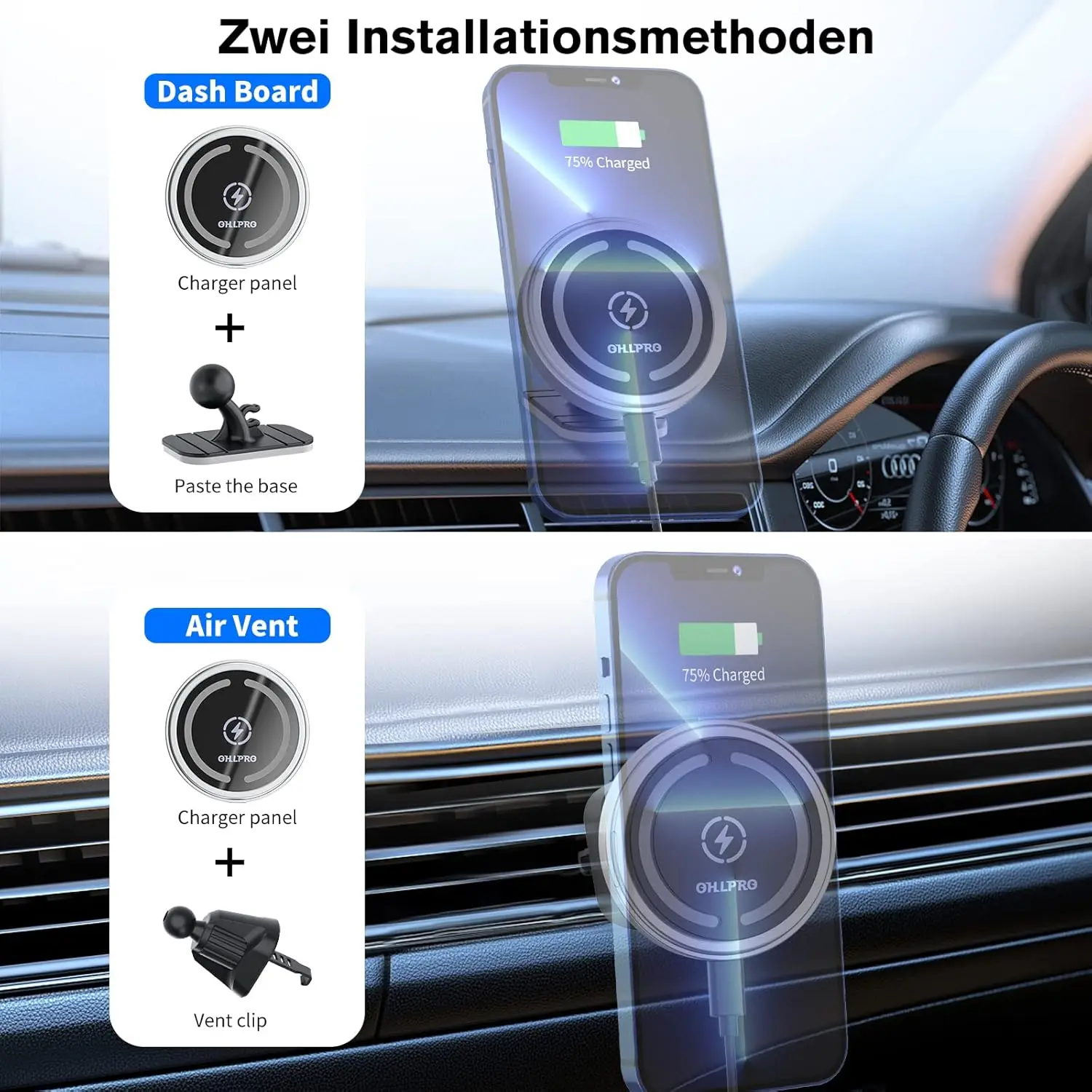 This is a magnetic wireless car charger mount for iPhone 16, 15, 14, and 13 series, featuring 15W fast charging, a strong magnetic hold, and 360-degree rotation for safe and convenient viewing.