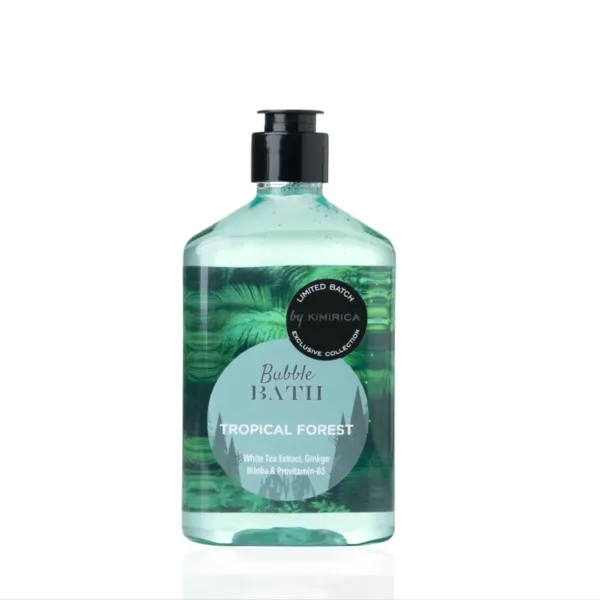 Kimirica Tropical Forest Bubble Bath infused with orange blossom, patchouli and green sap creates a luxurious and relaxing bath experience while gently cleansing and nourishing the skin.