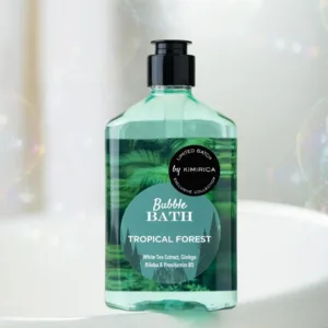 Kimirica Tropical Forest Bubble Bath infused with orange blossom, patchouli and green sap creates a luxurious and relaxing bath experience while gently cleansing and nourishing the skin.