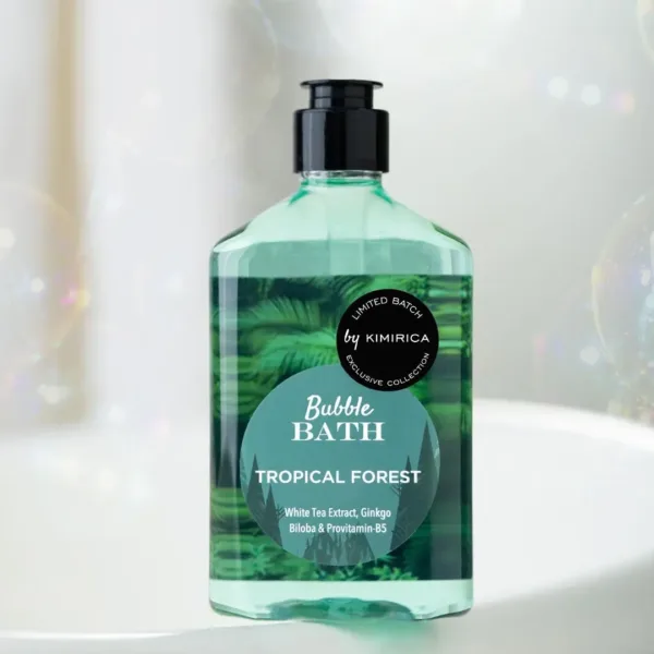 Kimirica Tropical Forest Bubble Bath infused with orange blossom, patchouli and green sap creates a luxurious and relaxing bath experience while gently cleansing and nourishing the skin.
