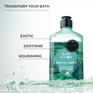 Kimirica Tropical Forest Bubble Bath infused with orange blossom, patchouli and green sap creates a luxurious and relaxing bath experience while gently cleansing and nourishing the skin.