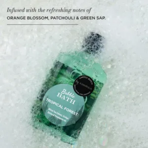 Kimirica Tropical Forest Bubble Bath infused with orange blossom, patchouli and green sap creates a luxurious and relaxing bath experience while gently cleansing and nourishing the skin.