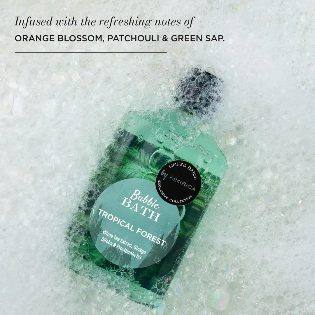 Kimirica Tropical Forest Bubble Bath infused with orange blossom, patchouli and green sap creates a luxurious and relaxing bath experience while gently cleansing and nourishing the skin.
