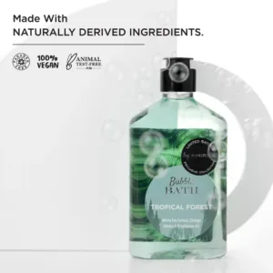 Kimirica Tropical Forest Bubble Bath infused with orange blossom, patchouli and green sap creates a luxurious and relaxing bath experience while gently cleansing and nourishing the skin.