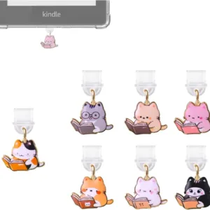 This 7-pack of bookish cat USB-C dust plugs protects your Kindle, iPhone 15, and other devices from dust and dirt while adding a charming touch.
