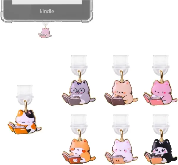 This 7-pack of bookish cat USB-C dust plugs protects your Kindle, iPhone 15, and other devices from dust and dirt while adding a charming touch.