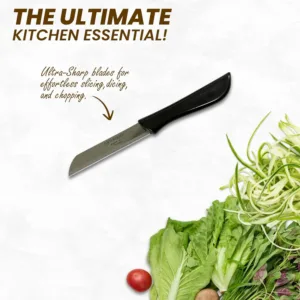 This ultra-sharp Solingen stainless steel kitchen knife features a serrated blade and ergonomic black handle for effortless slicing of vegetables and fruits.