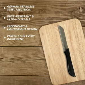 This ultra-sharp Solingen stainless steel kitchen knife features a serrated blade and ergonomic black handle for effortless slicing of vegetables and fruits.