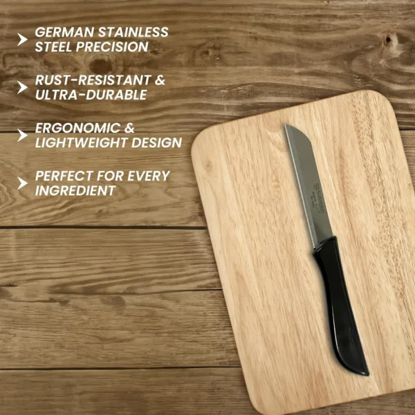 This ultra-sharp Solingen stainless steel kitchen knife features a serrated blade and ergonomic black handle for effortless slicing of vegetables and fruits.