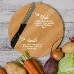 This ultra-sharp Solingen stainless steel kitchen knife features a serrated blade and ergonomic black handle for effortless slicing of vegetables and fruits.