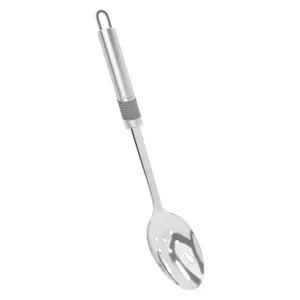 This stainless steel kitchen utensil set includes a masher, spaghetti server, whisk, ladle, turner, strainer spoon and stand, offering a stylish and functional solution for your cooking needs.