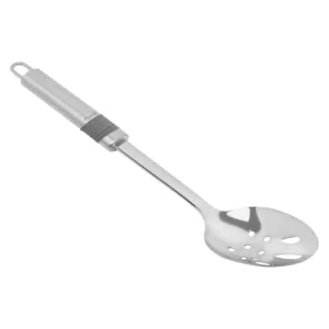 This stainless steel kitchen utensil set includes a masher, spaghetti server, whisk, ladle, turner, strainer spoon and stand, offering a stylish and functional solution for your cooking needs.