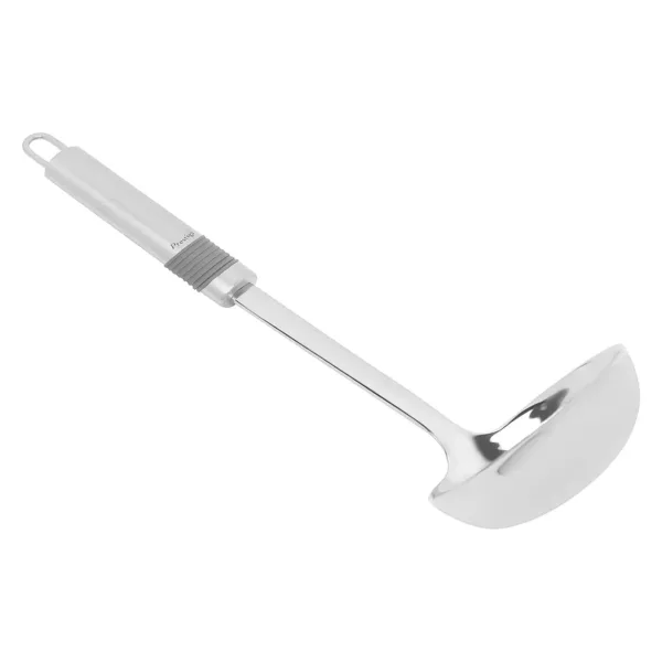 This stainless steel kitchen utensil set includes a masher, spaghetti server, whisk, ladle, turner, strainer spoon and stand, offering a stylish and functional solution for your cooking needs.