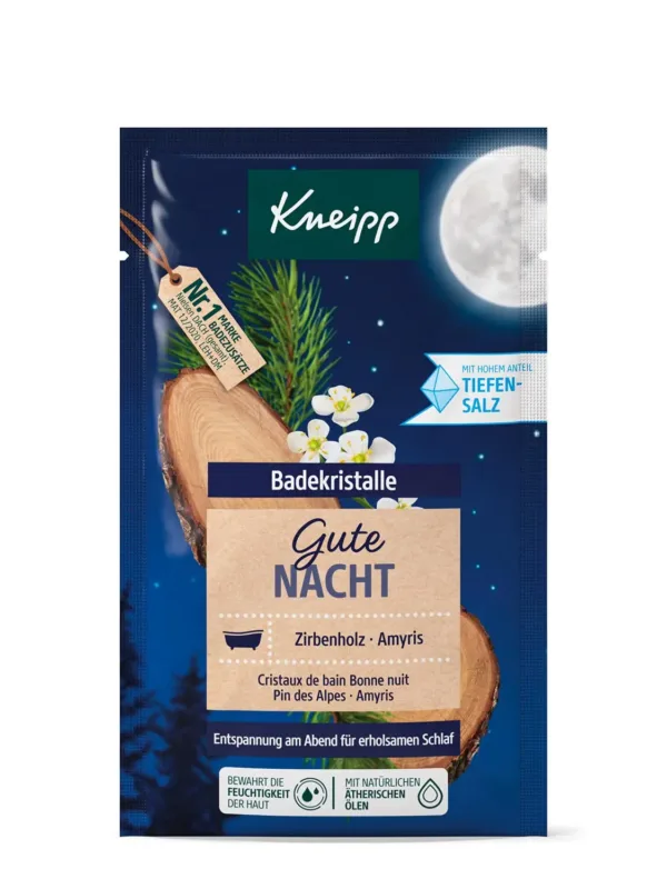 A pouch of Kneipp Good Night bath salts with pine and amyris essential oils to help relax and moisturize the skin for a restful sleep with a soothing, woody warm fragrance.