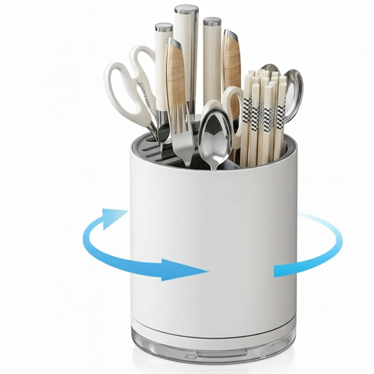 This white and gray universal knife block and cutlery organizer stores up to 14 knives, scissors, forks, and spoons while saving countertop space and keeping blades sharp with its rust-proof design and drain tray.