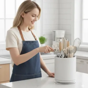 This white and gray universal knife block and cutlery organizer stores up to 14 knives, scissors, forks, and spoons while saving countertop space and keeping blades sharp with its rust-proof design and drain tray.