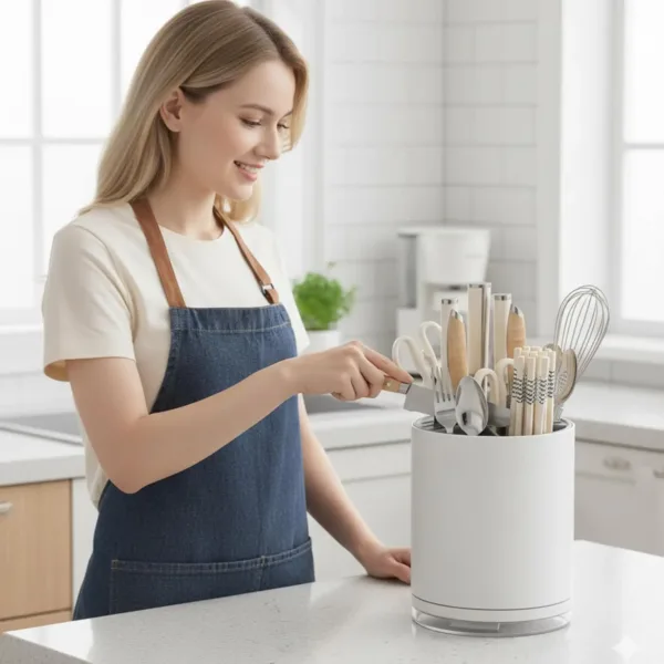 This white and gray universal knife block and cutlery organizer stores up to 14 knives, scissors, forks, and spoons while saving countertop space and keeping blades sharp with its rust-proof design and drain tray.