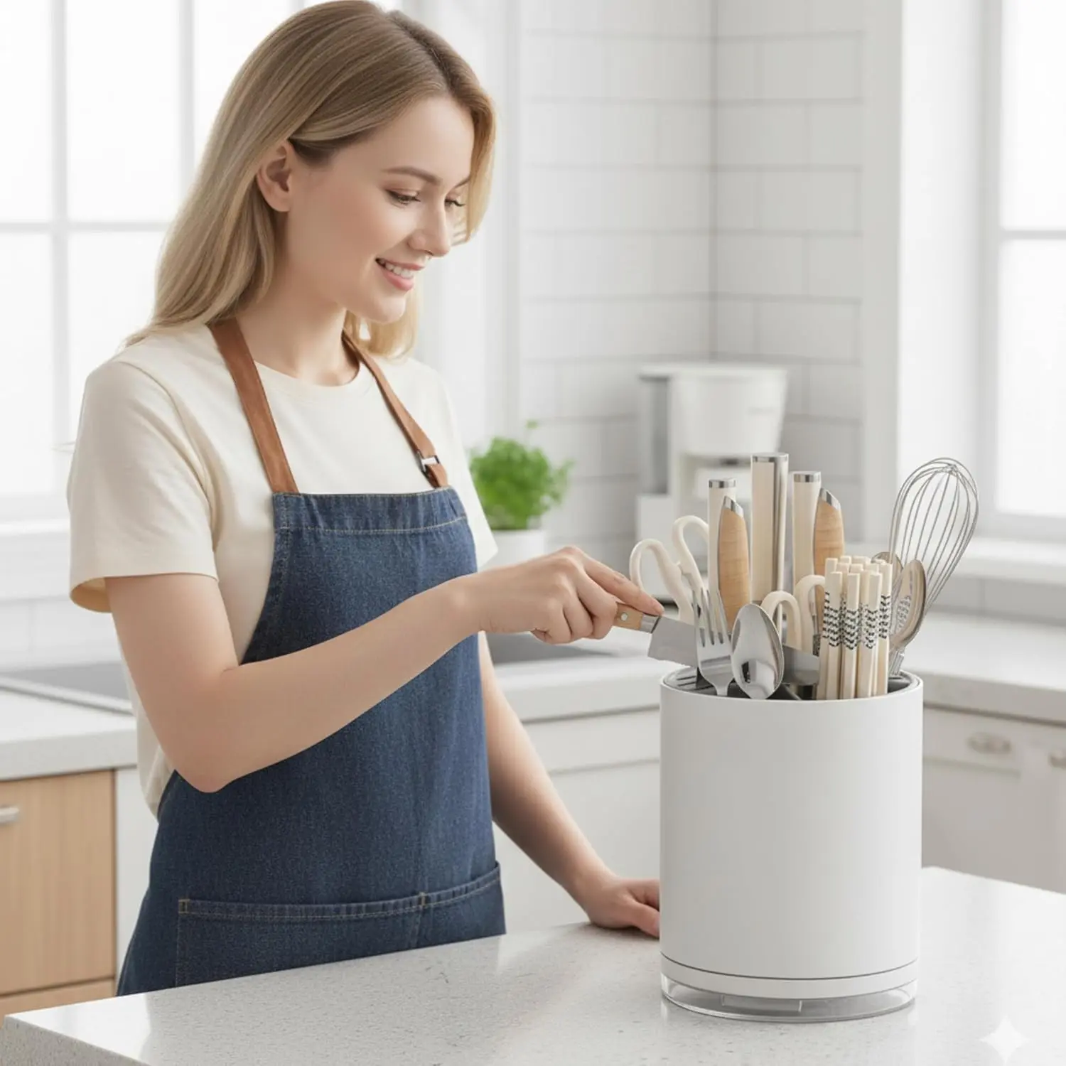 This white and gray universal knife block and cutlery organizer stores up to 14 knives, scissors, forks, and spoons while saving countertop space and keeping blades sharp with its rust-proof design and drain tray.