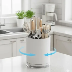 This white and gray universal knife block and cutlery organizer stores up to 14 knives, scissors, forks, and spoons while saving countertop space and keeping blades sharp with its rust-proof design and drain tray.