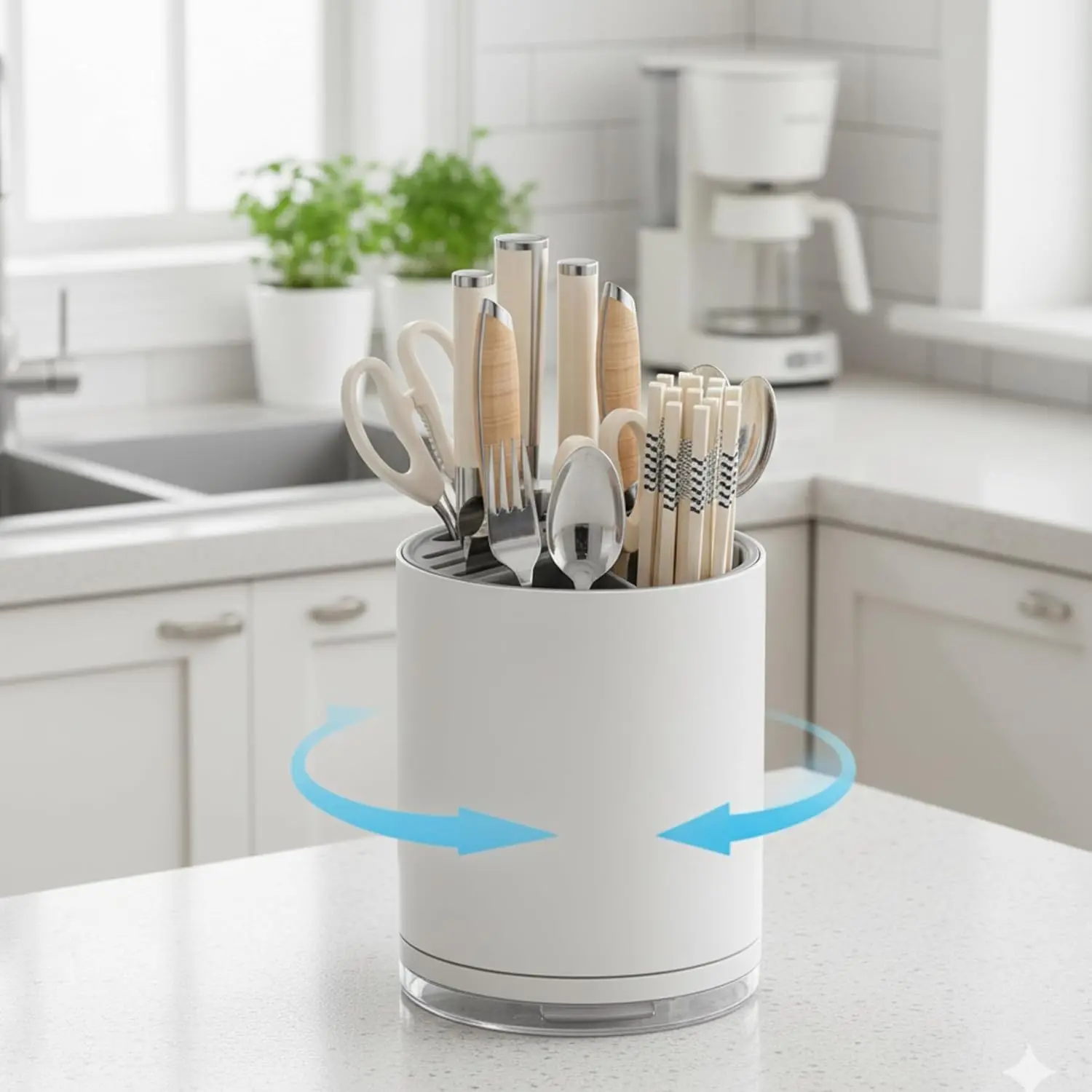 This white and gray universal knife block and cutlery organizer stores up to 14 knives, scissors, forks, and spoons while saving countertop space and keeping blades sharp with its rust-proof design and drain tray.