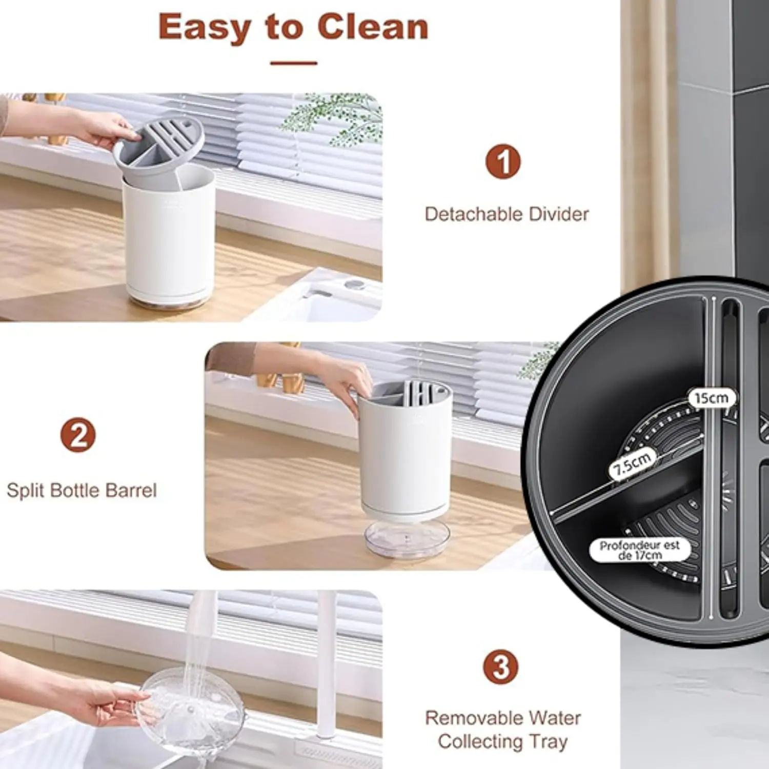 This white and gray universal knife block and cutlery organizer stores up to 14 knives, scissors, forks, and spoons while saving countertop space and keeping blades sharp with its rust-proof design and drain tray.