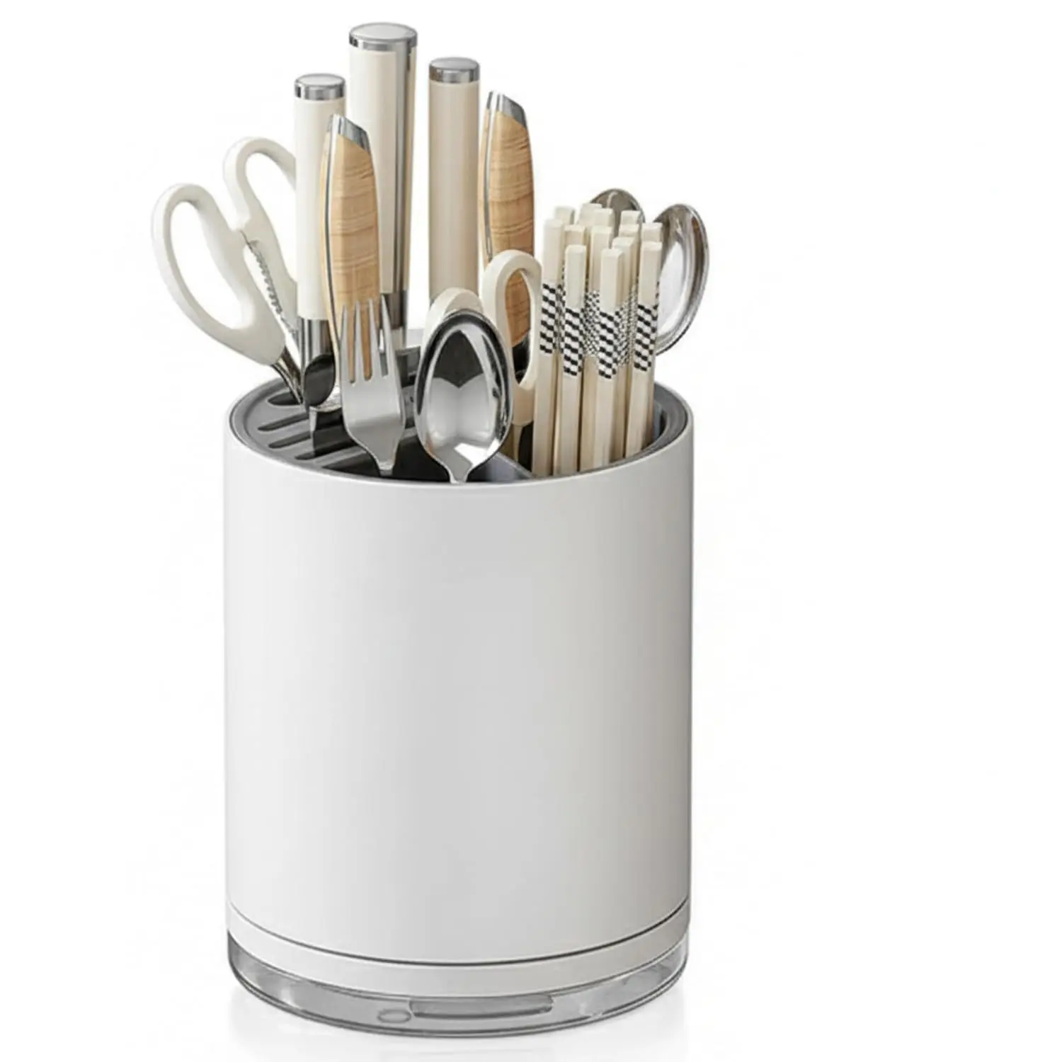 This white and gray universal knife block and cutlery organizer stores up to 14 knives, scissors, forks, and spoons while saving countertop space and keeping blades sharp with its rust-proof design and drain tray.