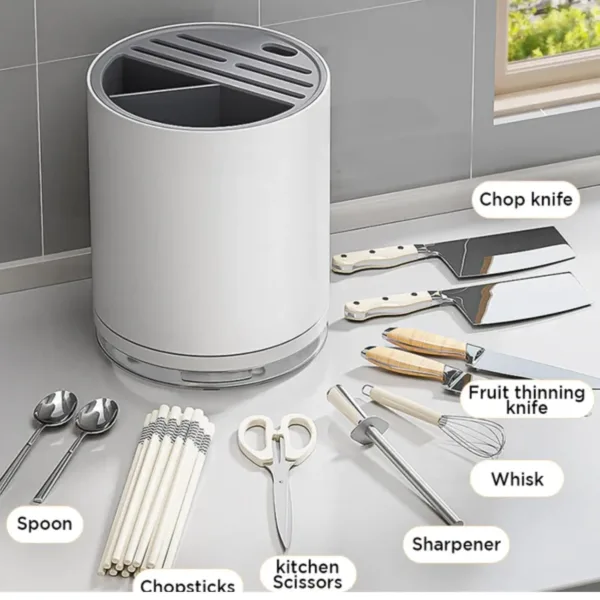 This white and gray universal knife block and cutlery organizer stores up to 14 knives, scissors, forks, and spoons while saving countertop space and keeping blades sharp with its rust-proof design and drain tray.