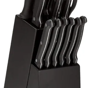 This 15-piece knife block set features superior quality Japanese steel blades for precision cutting in the kitchen, complete with cooking and serving knives, offering superior comfort, balance, and control.