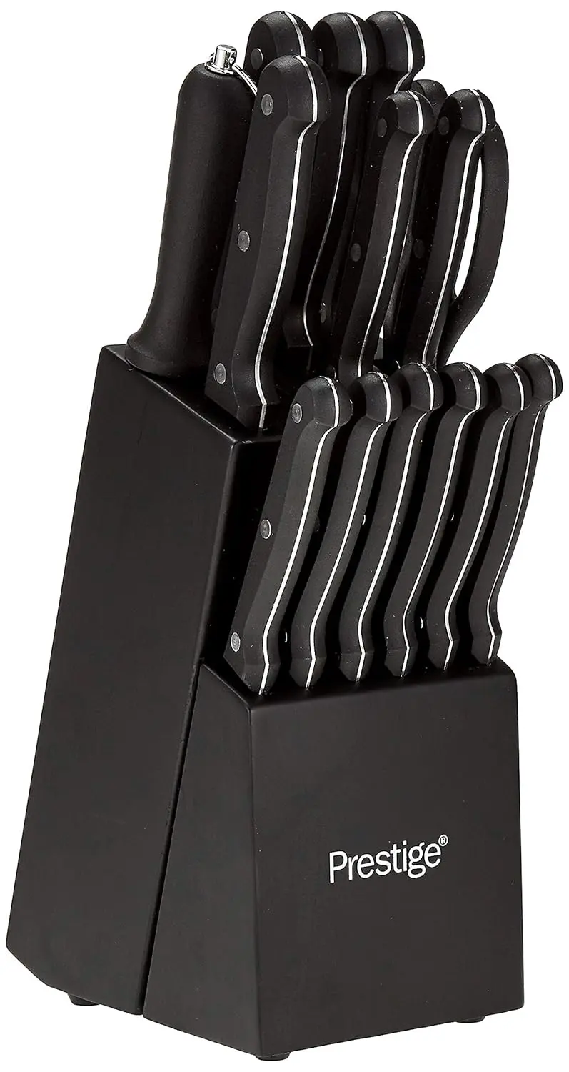 This 15-piece knife block set features superior quality Japanese steel blades for precision cutting in the kitchen, complete with cooking and serving knives, offering superior comfort, balance, and control.