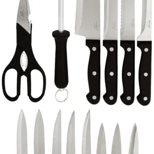 This 15-piece knife block set features superior quality Japanese steel blades for precision cutting in the kitchen, complete with cooking and serving knives, offering superior comfort, balance, and control.
