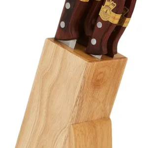 This 15-piece knife block set features superior quality Japanese steel blades for precision cutting in the kitchen, complete with cooking and serving knives, offering superior comfort, balance, and control.