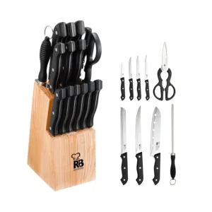 This Renberg Tenessy 15-piece multi-color knife set includes a chef's knife, fillet knife, baker's knife, boner, multipurpose knife, peeler, sharpener, meat sharpeners, scissors, and a wooden block for organized storage, all made of durable stainless steel.